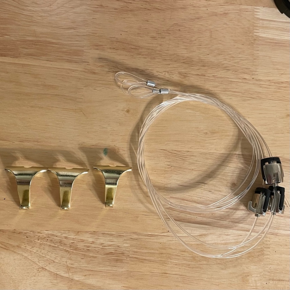 3 Pack Picture Rail Hanging Kit / Molding Hook Kit - Brass Hooks and Clear Cable